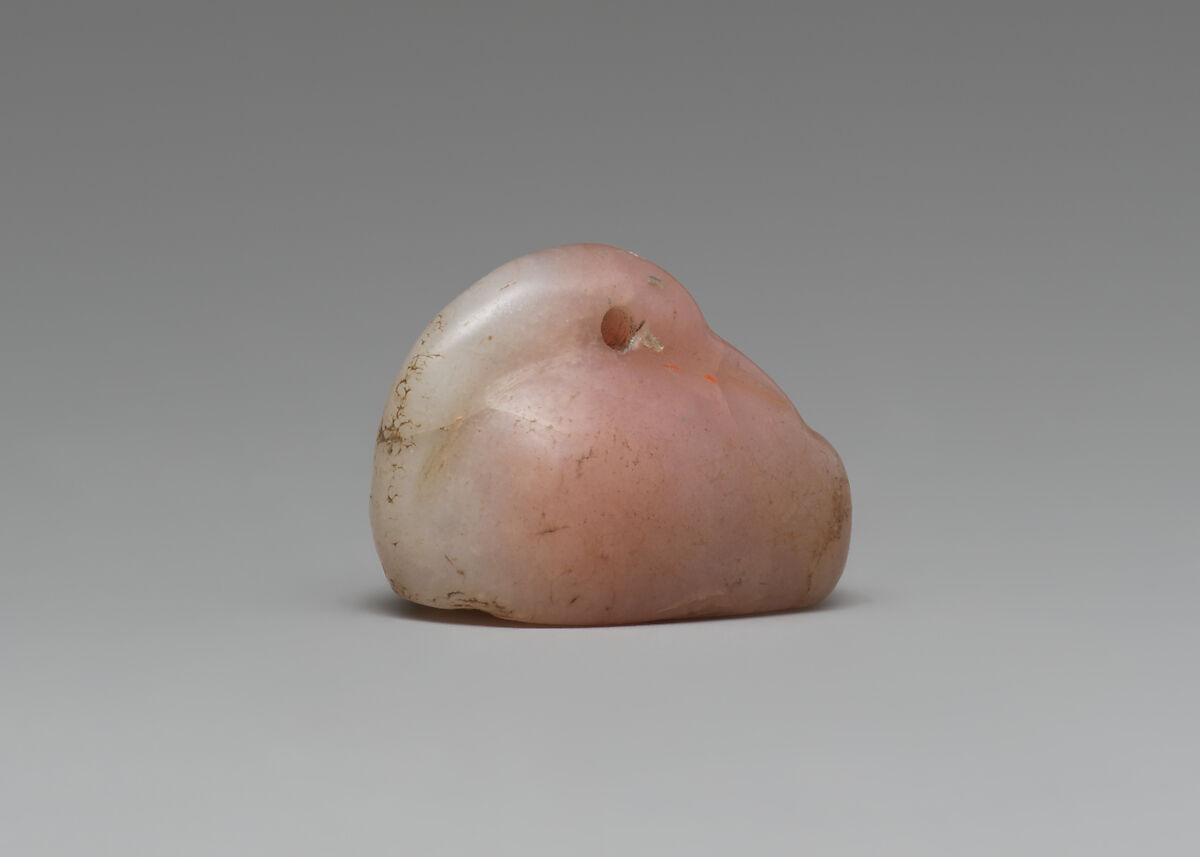 Stamp seal (duck-shaped) with cultic scene, Variegated pink and white Chalcedony (Quartz), Assyro-Babylonian