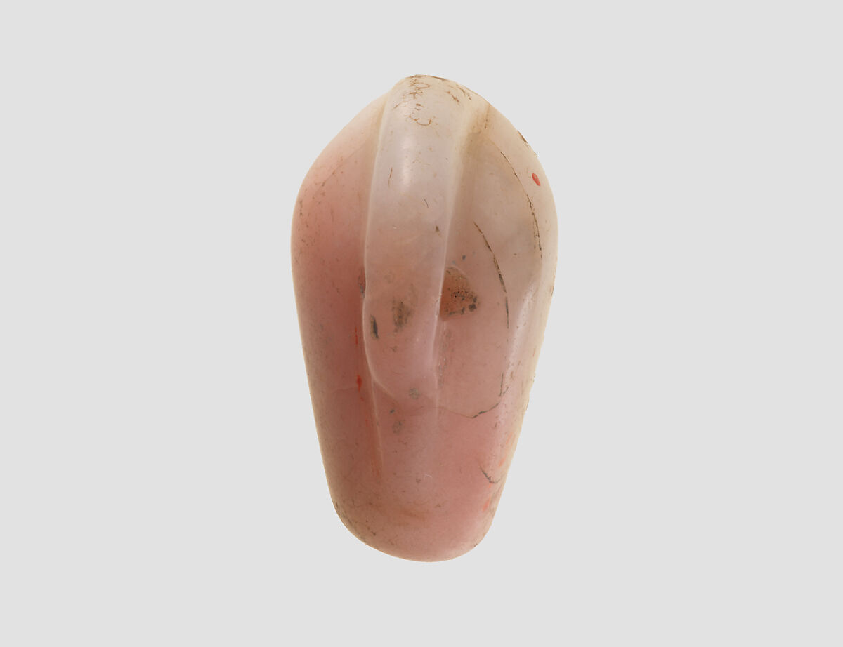 Stamp seal (duck-shaped) with cultic scene, Variegated pink and white Chalcedony (Quartz), Assyro-Babylonian