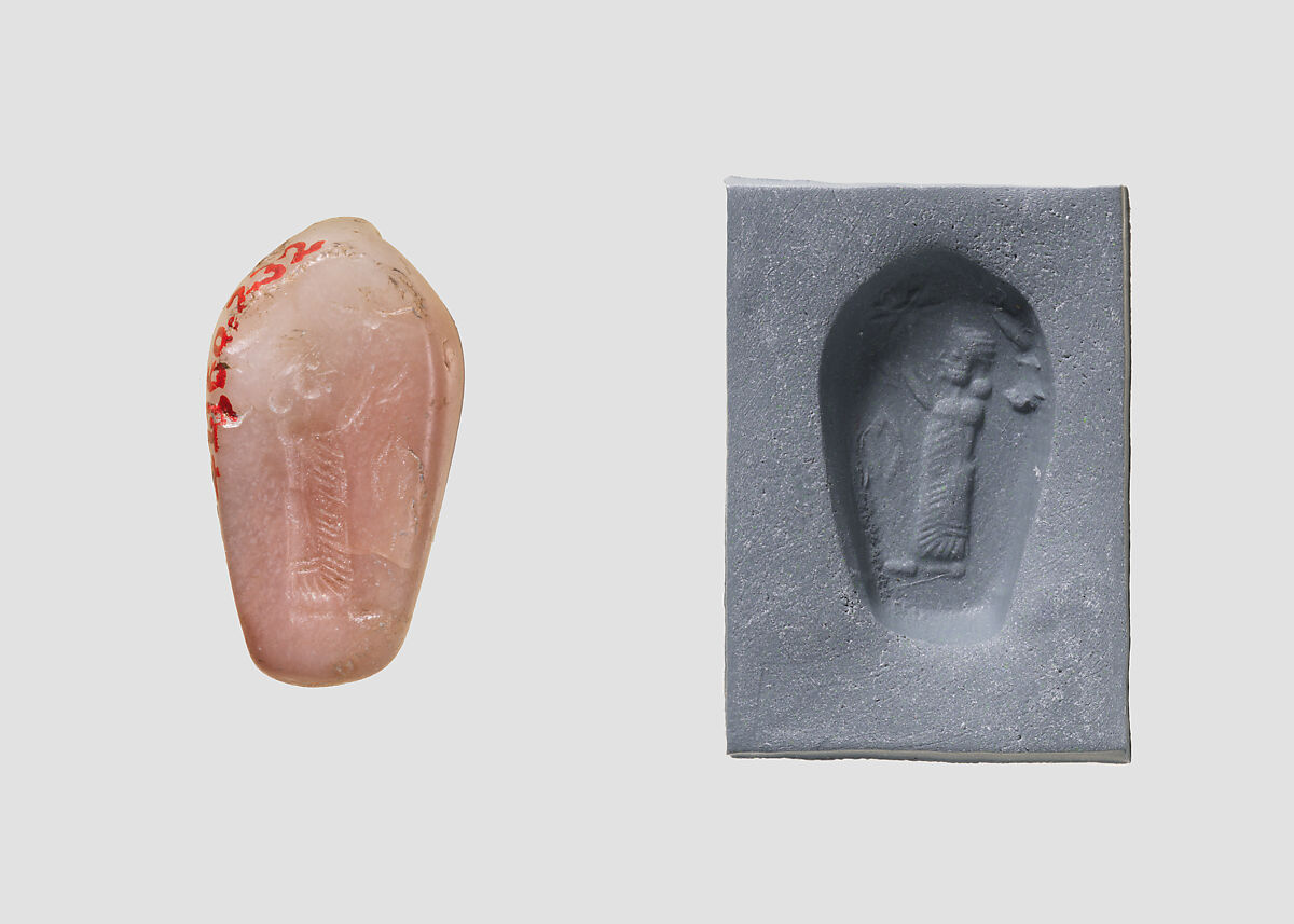 Stamp seal (duck-shaped) with cultic scene, Variegated pink and white Chalcedony (Quartz), Assyro-Babylonian 