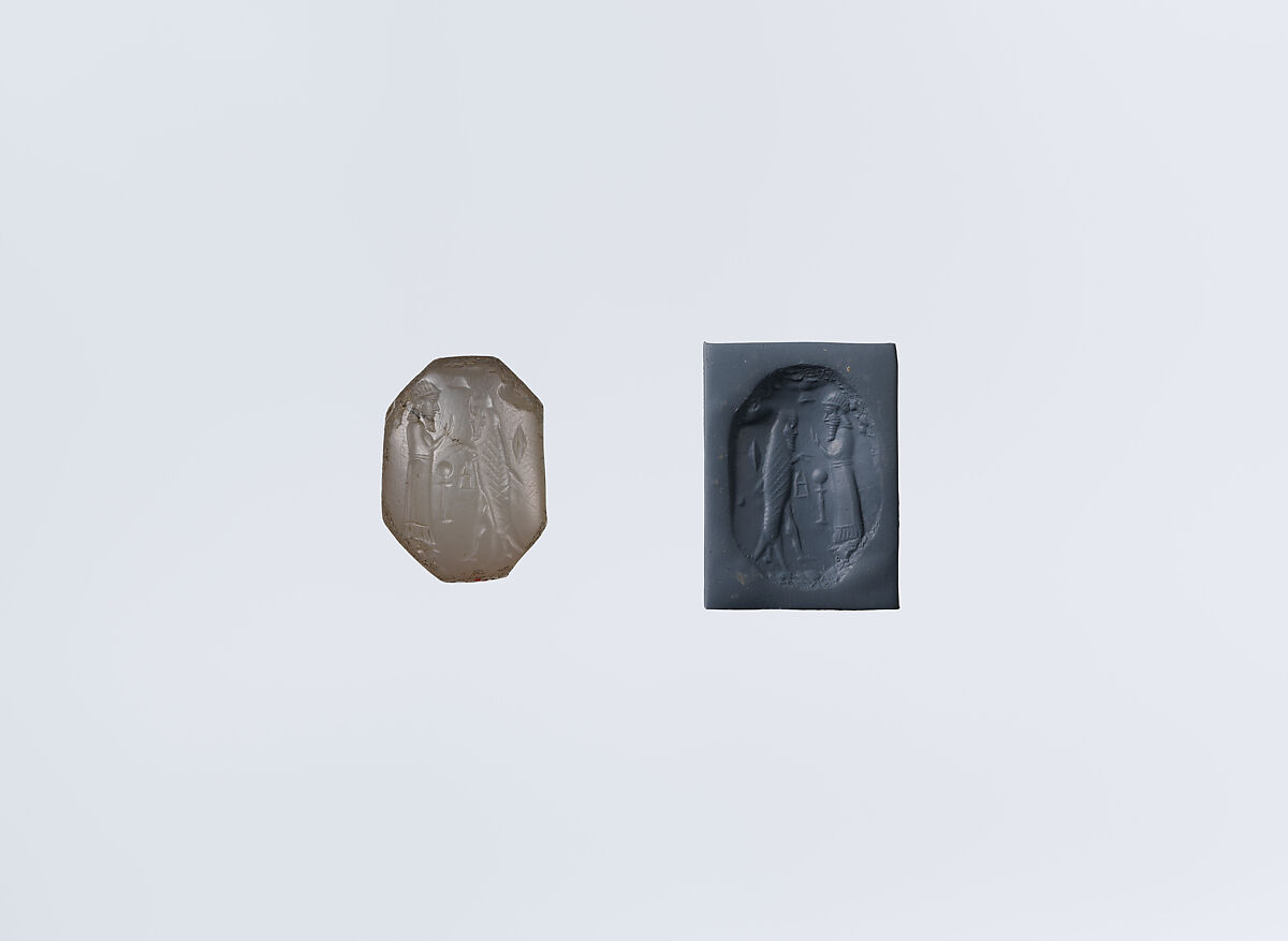 Stamp seal (octagonal pyramid) with cultic scene, Veined neutral Chalcedony (Quartz), Assyrian 