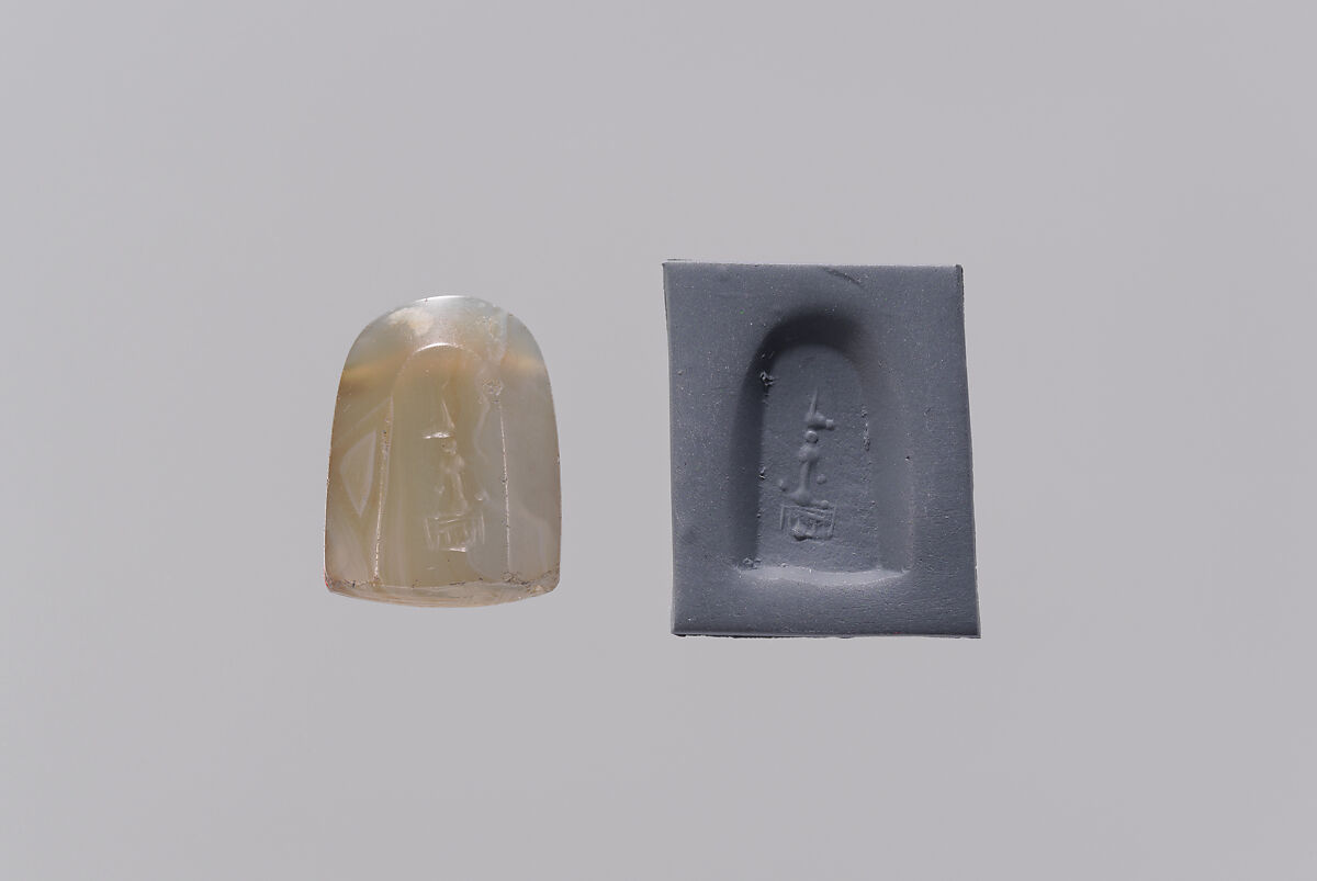 Stamp seal (octagonal pyramid) with cultic scene and divine symbols, Banded and flawed neutral Chalcedony (Quartz), Assyro-Babylonian
