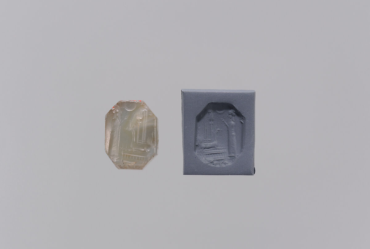 Stamp seal (octagonal pyramid) with cultic scene and divine symbols, Banded and flawed neutral Chalcedony (Quartz), Assyro-Babylonian