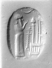 Stamp seal (oval conoid) with cultic scene, Banded brown Chalcedony (Quartz), Assyro-Babylonian 