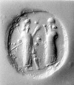 Stamp seal (scaraboid) with cultic scene, Banded neutral Chalcedony (Quartz), Assyro-Babylonian 