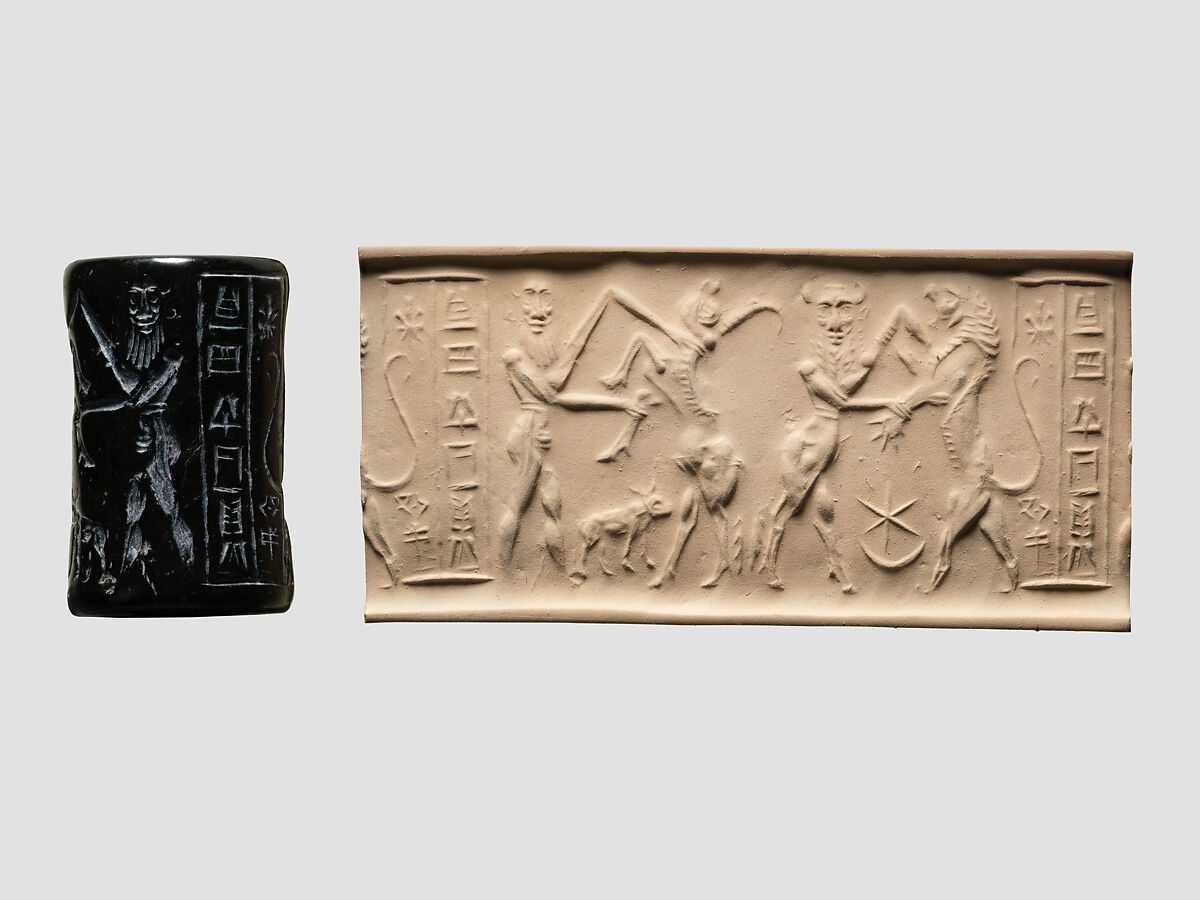Cylinder seal and modern impression: bull-man wrestling with lion; nude bearded hero wrestling with a water buffalo, Serpentine, black, Akkadian 