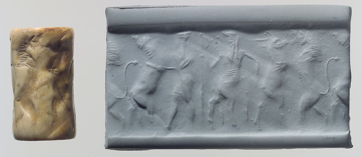 Cylinder seal, Shell (calcinated), Akkadian 