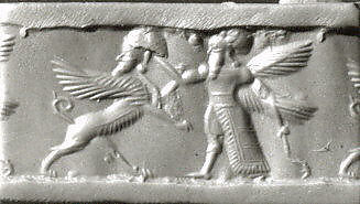 Cylinder seal with two-figure contest scene, Variegated red and white Carnelian (Quartz), Babylonian 