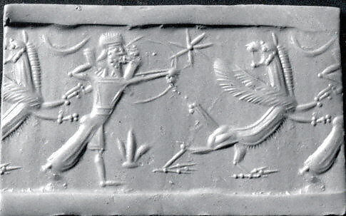 Cylinder seal with mythological contest scene, Variegated, veined, and flawed green, brown, and white Chalcedony (Quartz), Babylonian 