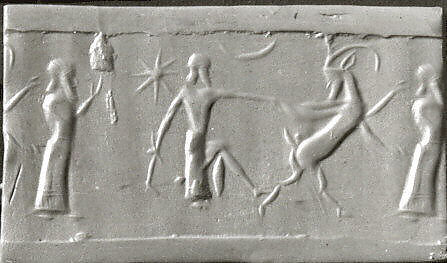 Cylinder seal with two-figure contest scene, Banded and flawed blue Chalcedony (Quartz), Babylonian 