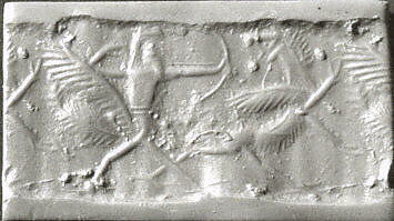 Cylinder seal with monster contest scene, Variegated brown and white Jasper (Quartz), Babylonian 