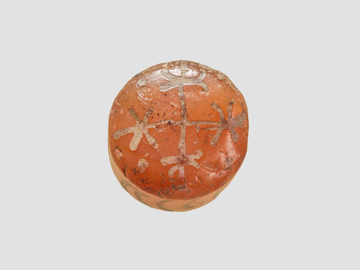 Bead, Carnelian, paint, Sasanian