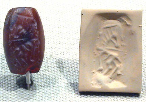 Stamp seal (loaf-shaped hemispheroid) with animal, Banded carnelian (Quartz), Southwest Arabian 
