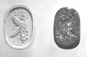 Scarab seal with human head, Stone, mottled red and white 