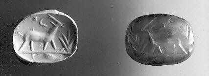 Stamp seal (scaraboid with pointed top) with animal, Flawed neutral Chalcedony (Quartz), Assyro-Babylonian 