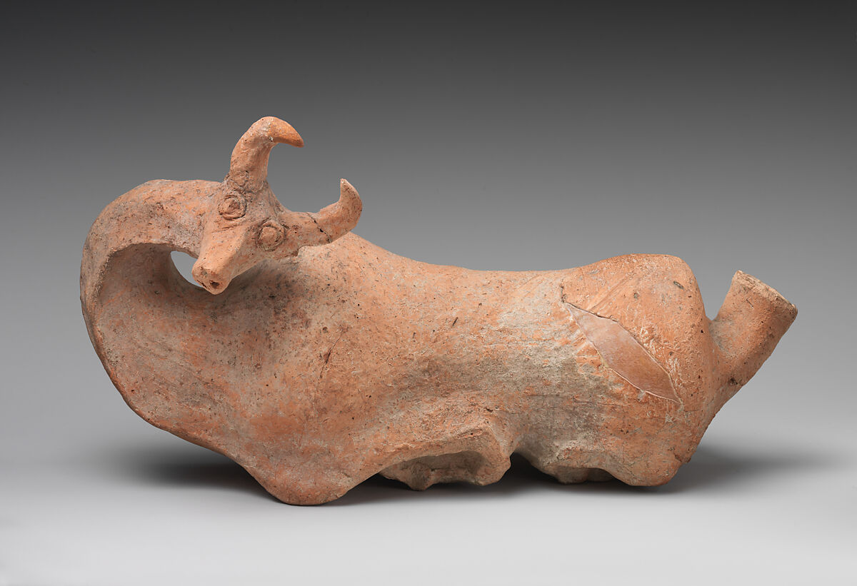 Jug in the form of a recumbent bull, Ceramic, paint, Iran 