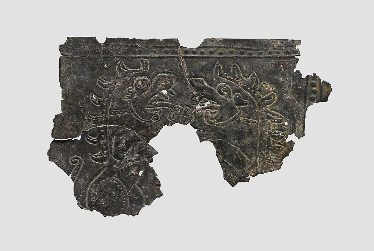 Fragments of plaque with fantastic creatures, Bronze, Iran 