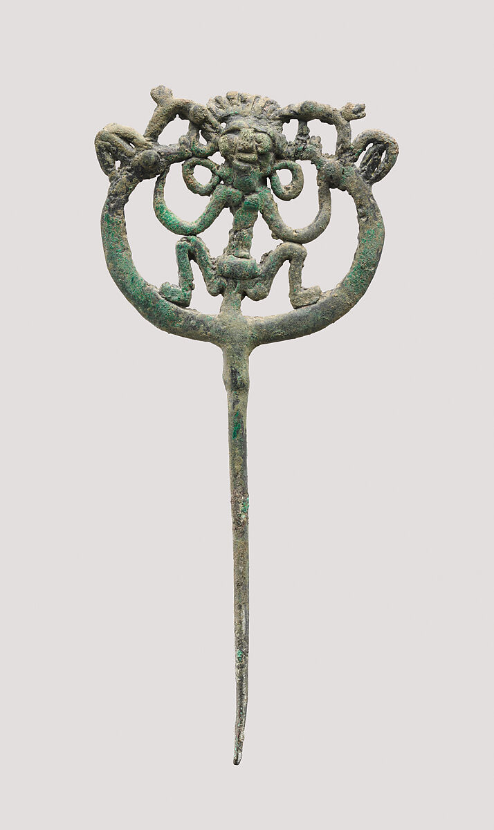 Openwork pin with a squatting female, Bronze, Iran 
