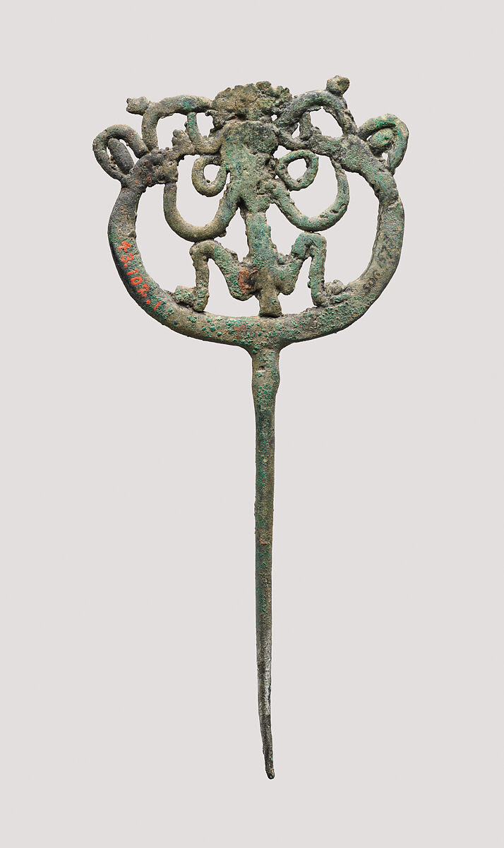 Openwork pin with a squatting female, Bronze, Iran