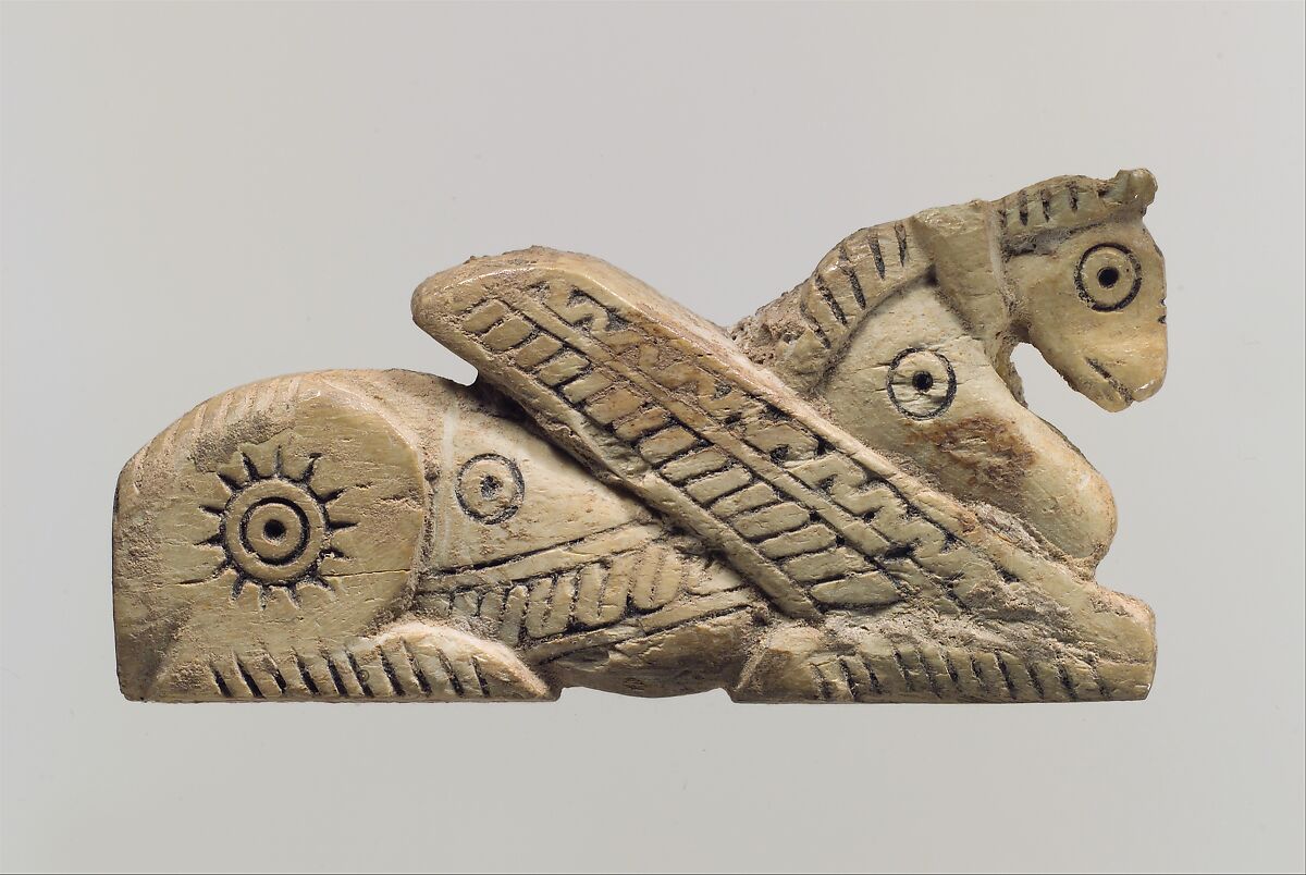 Head of a pin in form of a winged horse, Ivory, Iran 