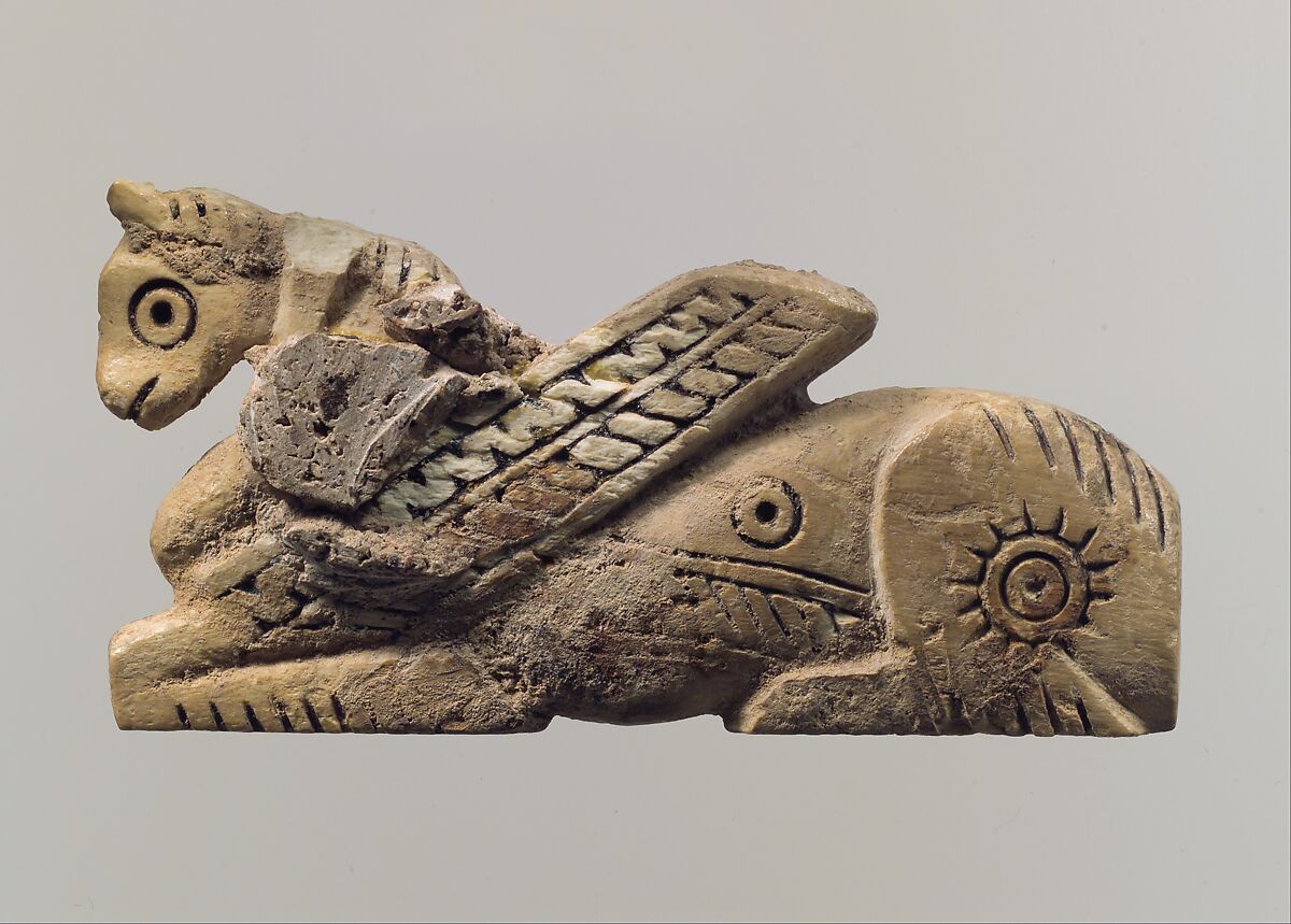 Head of a pin in form of a winged horse, Ivory, Iran