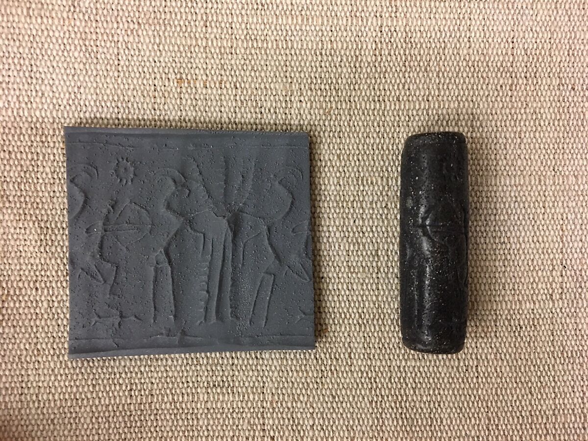 Cylinder seal and modern impression: kneeling archer and goats flanking tree, Bitumen matrix with white mineral aggregate, Elamite