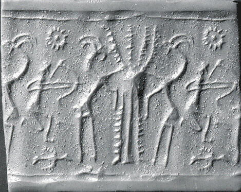 Cylinder seal and modern impression: kneeling archer and goats flanking tree, Bitumen matrix with white mineral aggregate, Elamite 