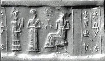 Cylinder seal and modern impression: presentation scene, Hematite, Isin-Larsa 