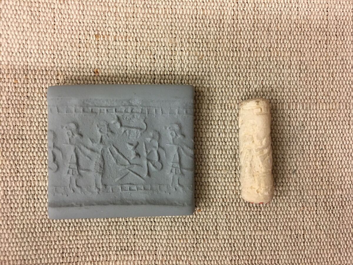 Cylinder seal and modern impression: cultic banquet scene, Faience, Elamite