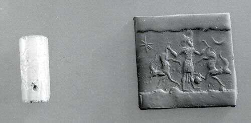 Cylinder seal and modern impression: hero grasping two antelopes by their hind legs