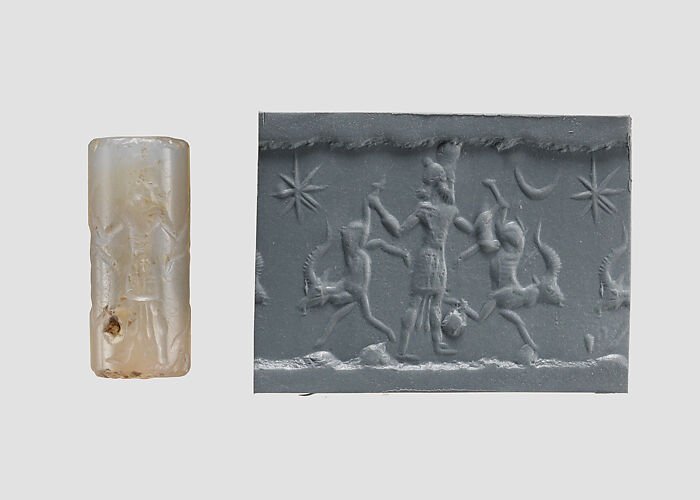 Cylinder seal and modern impression: hero grasping two antelopes by their hind legs