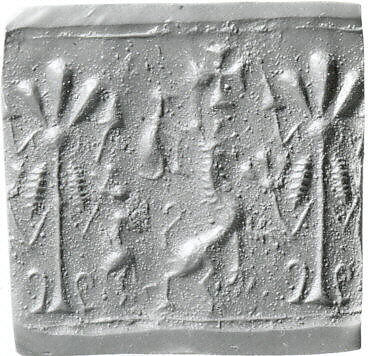 Cylinder seal and modern impression: creature flanking stylized tree