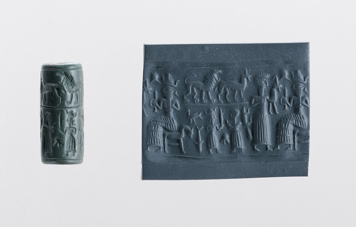 Cylinder seal and modern impression: worshiper with an animal offering before a seated deity, Apatite, Elamite 