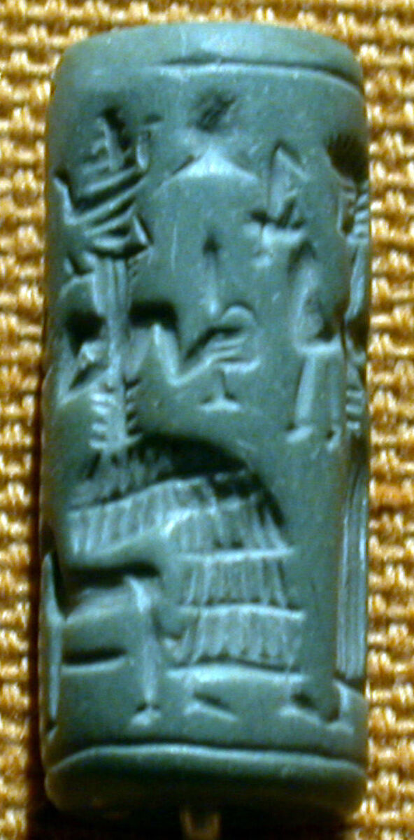 Cylinder seal and modern impression: worshiper with an animal offering before a seated deity, Apatite, Elamite