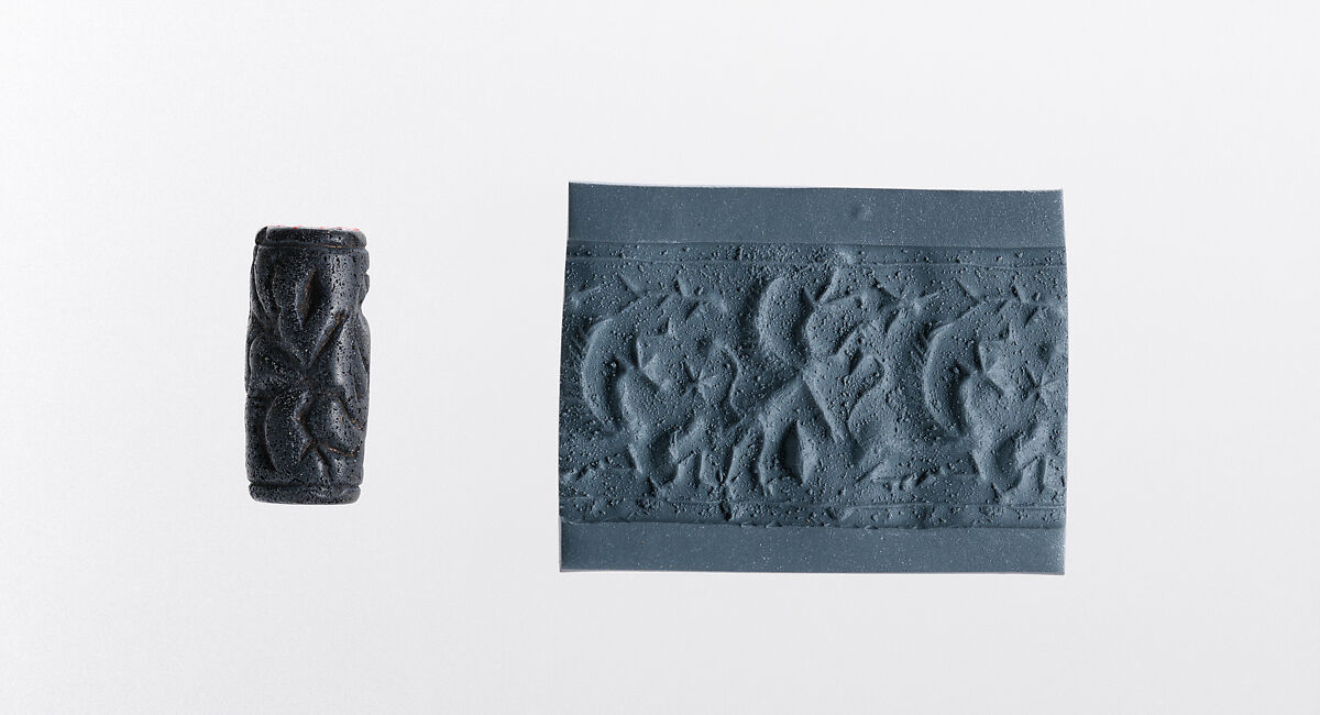 Cylinder seal and modern impression: winged griffin attacking seated winged bull, Bitumen matrix with white mineral aggregate, Elamite 