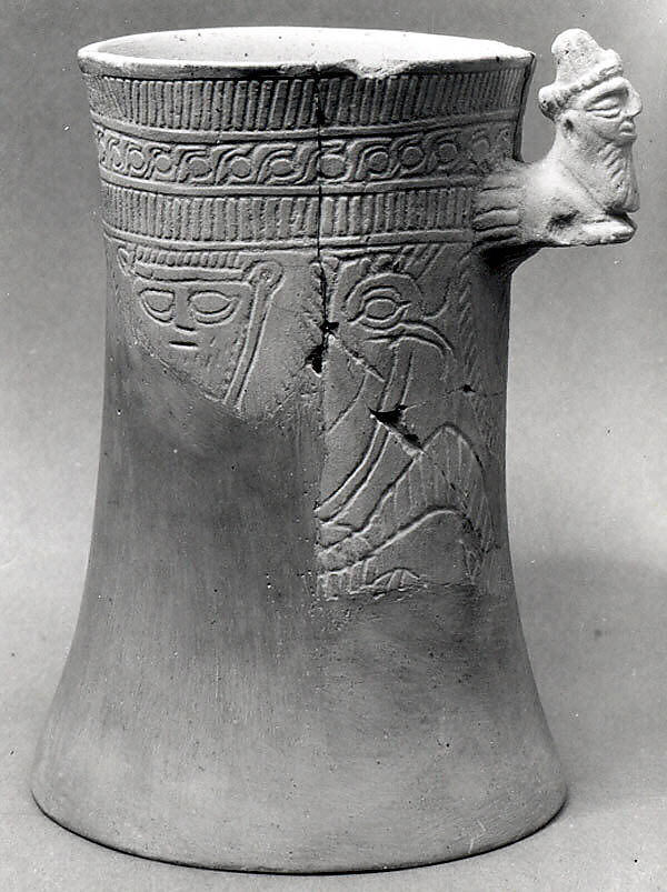 Vase with a handle in the form of a human-headed bull protome, Faience, Elamite