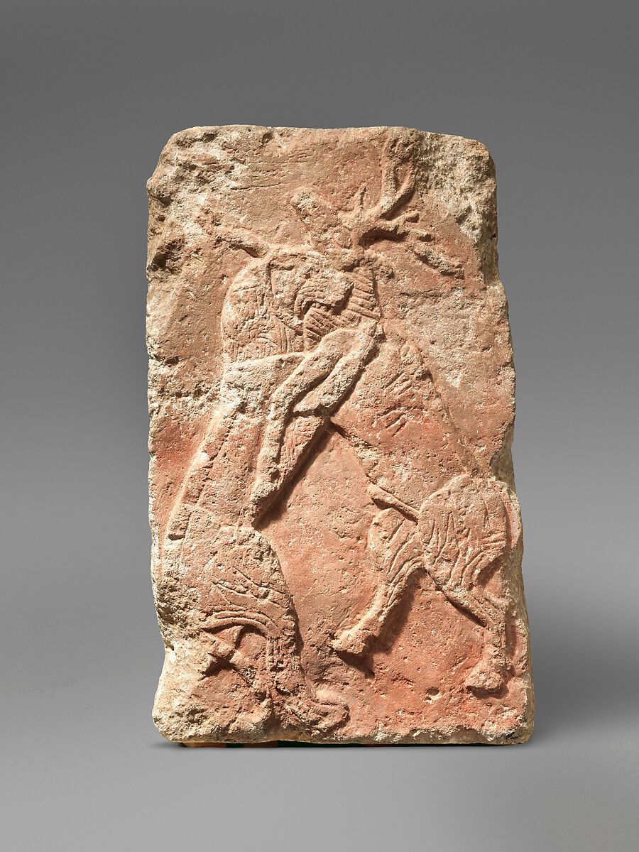 Orthostat relief: lion attacking a deer, Limestone, paint, Hittite 