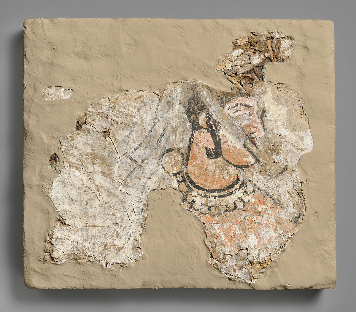 Fragment of wall painting: female with a mouth cover (padam), Stucco, paint, plaster, Sasanian 