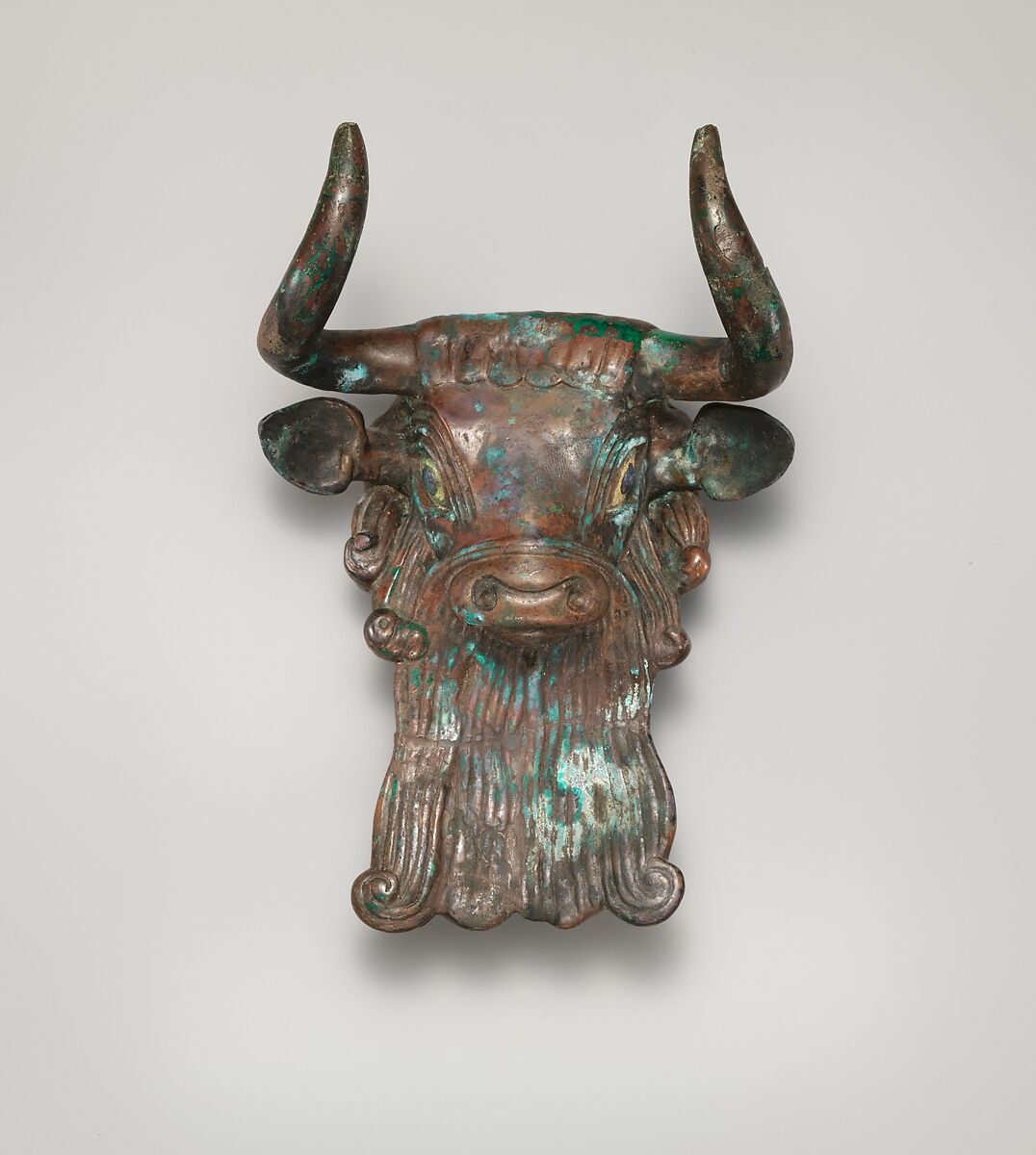 Bull's head ornament for a lyre, Bronze, inlaid with shell and lapis lazuli, Sumerian 