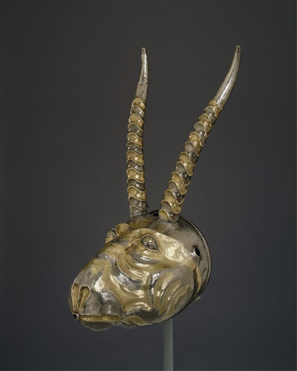 Rhyton in the form of a Saiga antelope head, Silver-gilt, Sasanian 