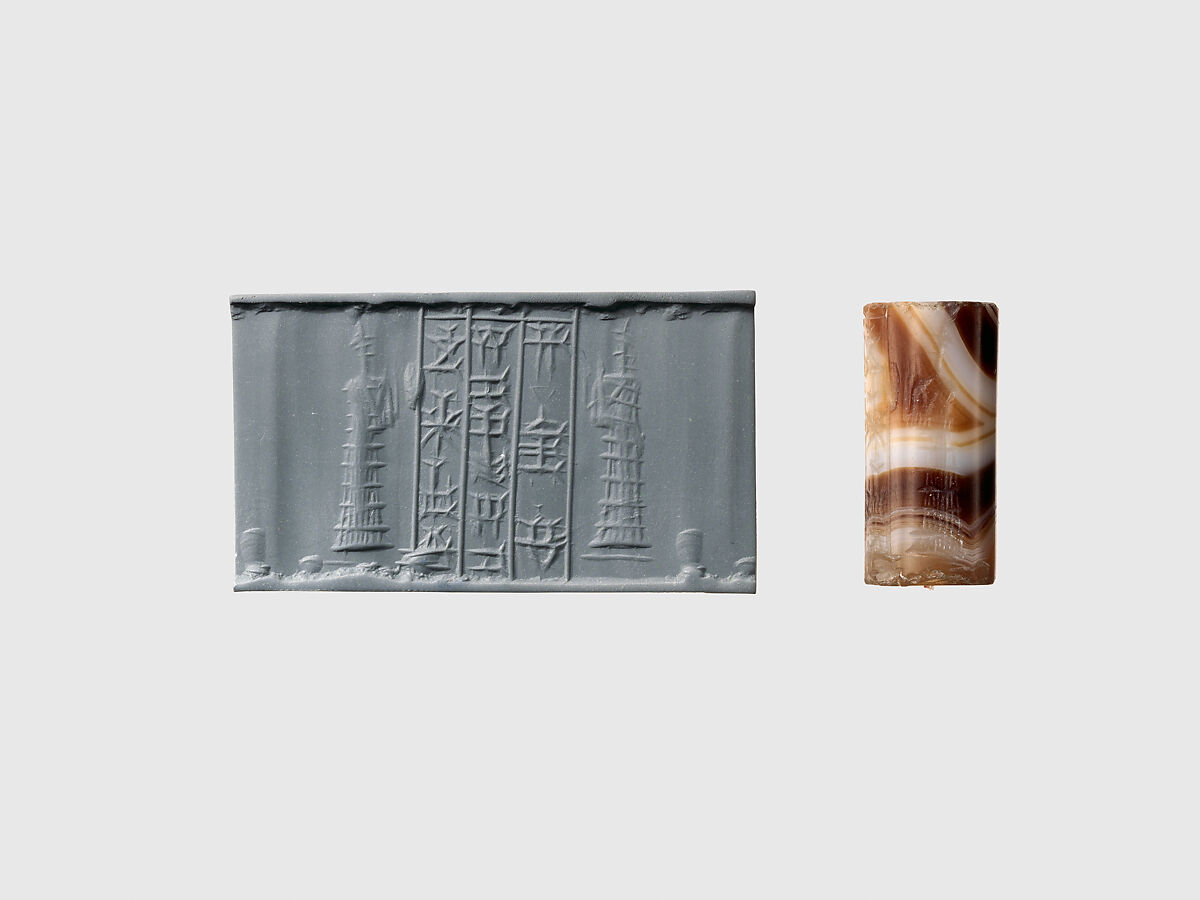 Cylinder seal and modern impression: suppliant goddesses, Agate, Babylonian or Kassite