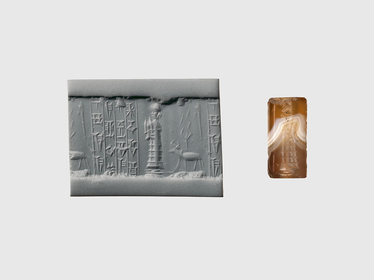 Cylinder seal and modern impression: suppliant goddess, Agate, Babylonian or Kassite 