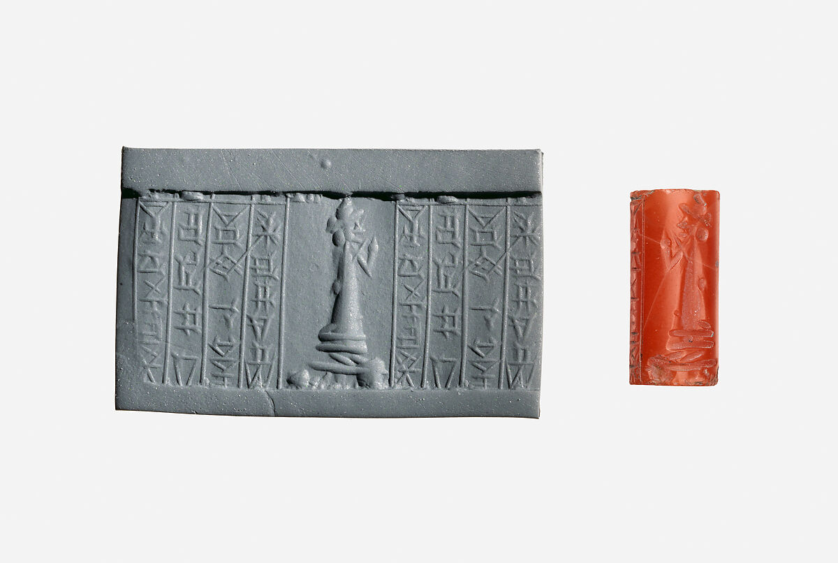 Cylinder seal and modern impression: suppliant goddess, Carnelian, Babylonian or Kassite 