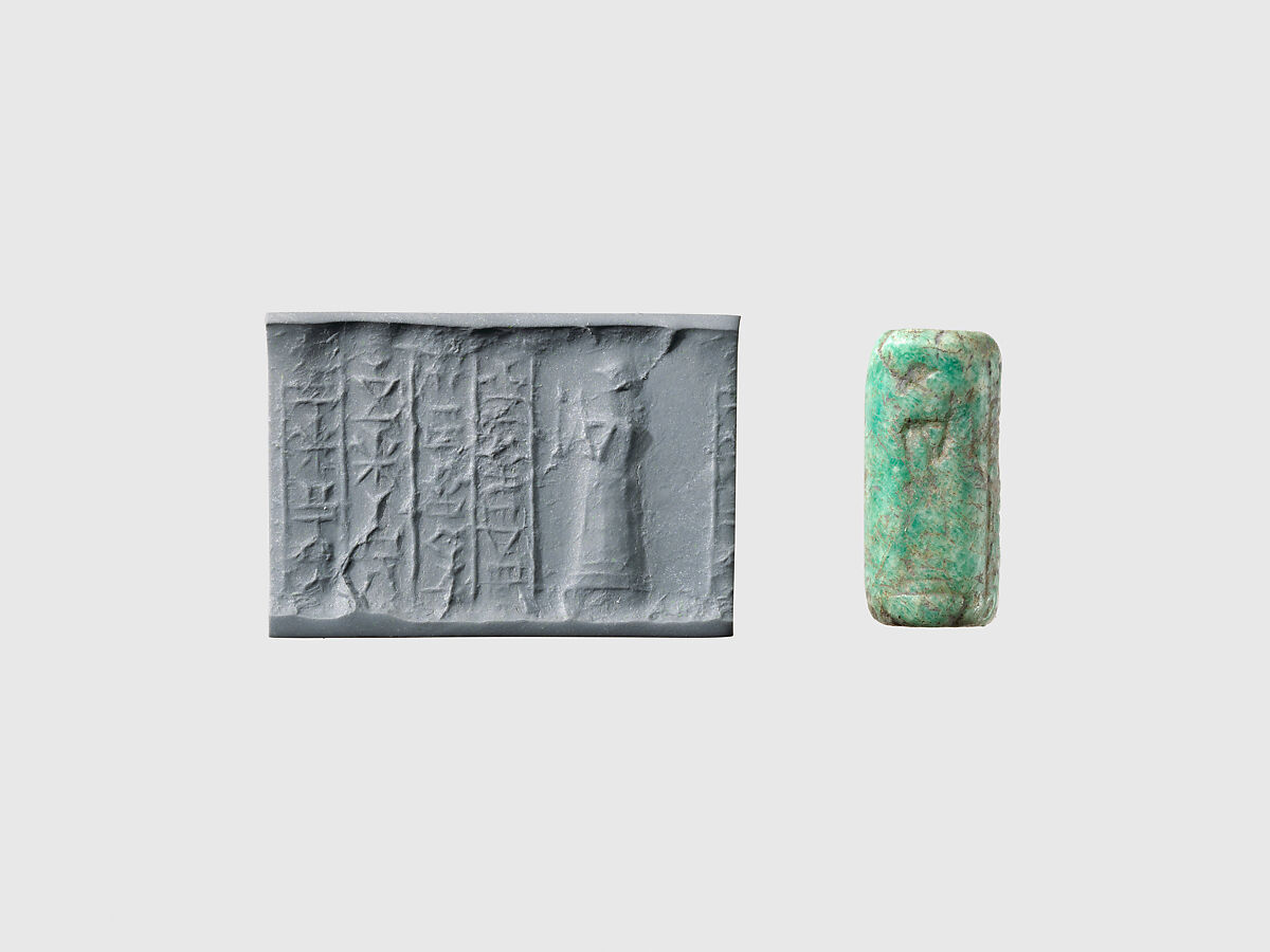 Cylinder seal and modern impression: suppliant goddess, Feldspar, Babylonian or Kassite 