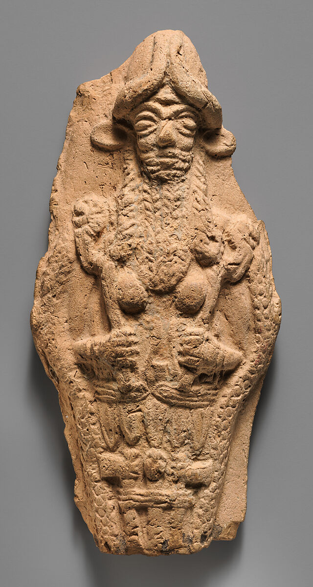 Molded plaque: bearded underworld god, Ceramic, Babylonian 