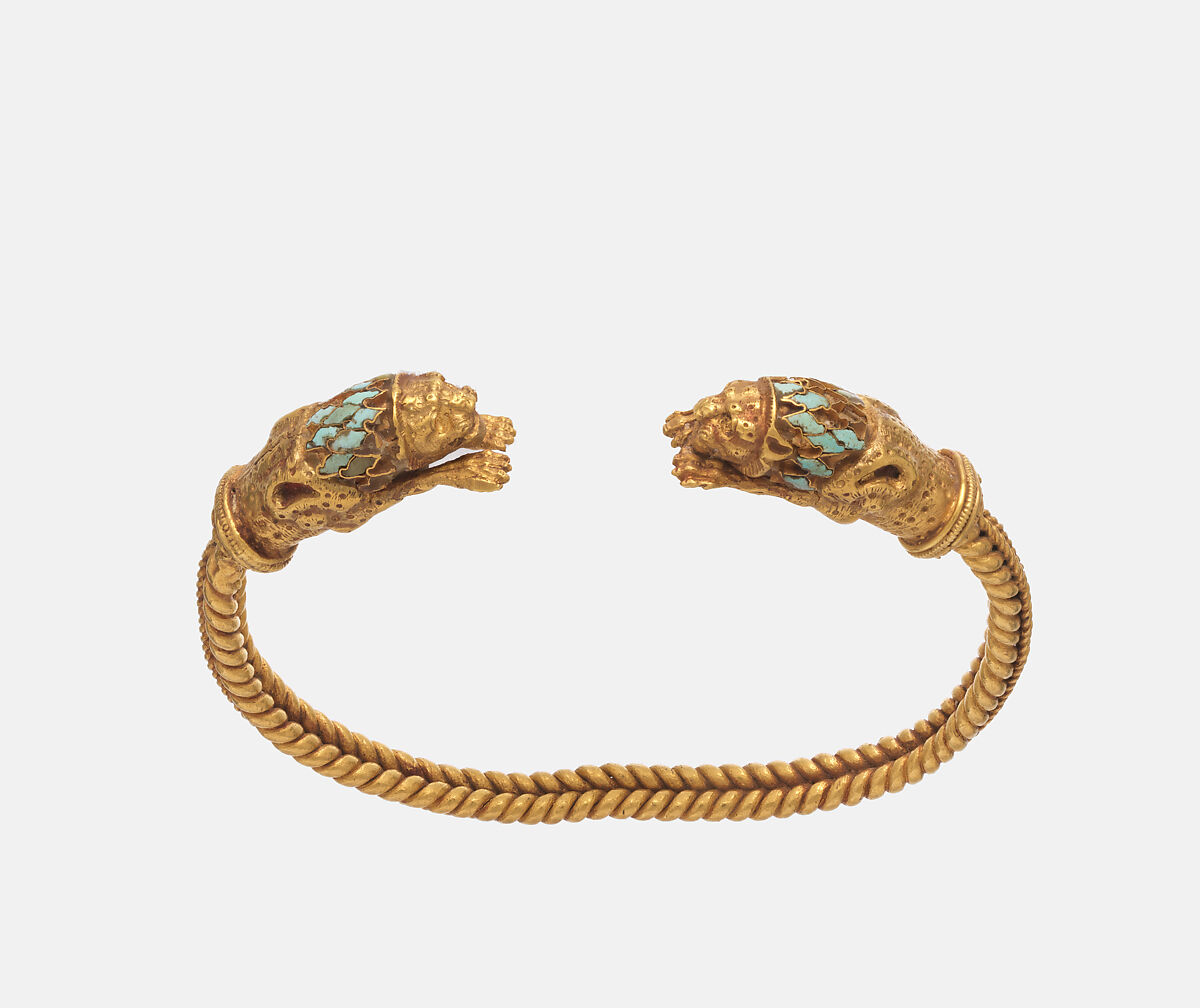 Bracelet with terminals in form of lion foreparts, Gold, glass, cinnabar, Iran