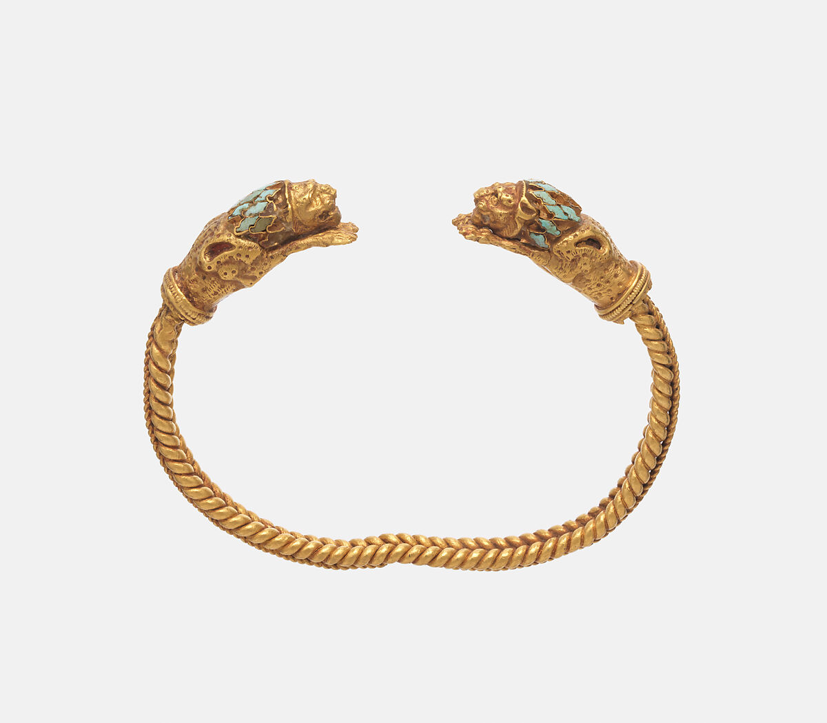 Bracelet with terminals in form of lion foreparts, Gold, glass, cinnabar, Iran 