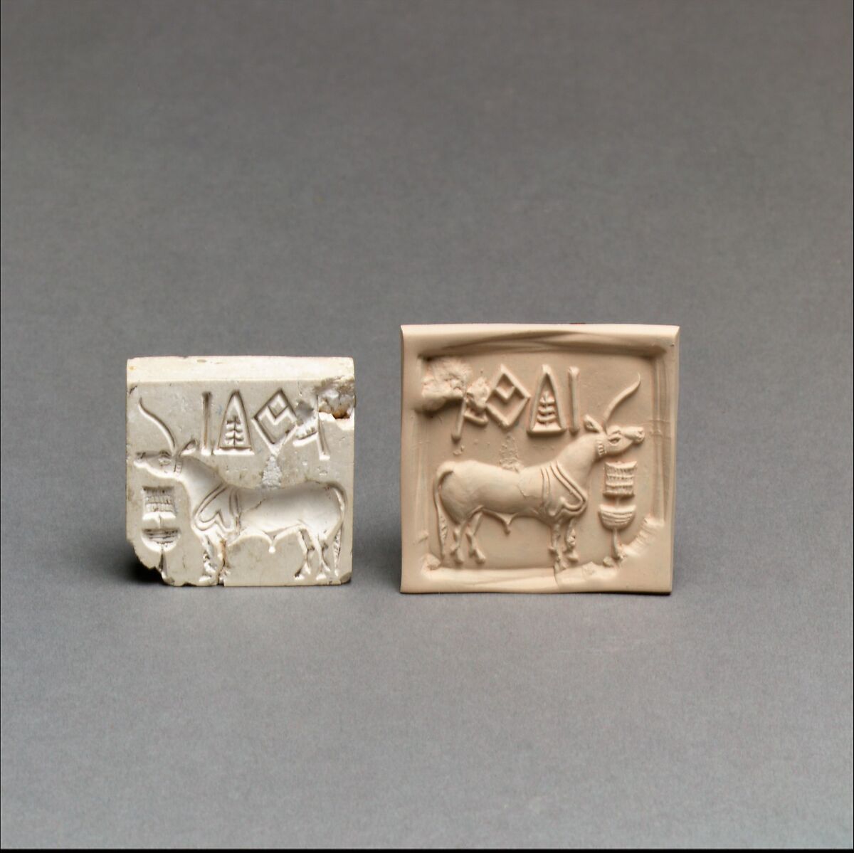 Stamp seal and modern impression: unicorn and incense burner (?), Burnt steatite, Indus 