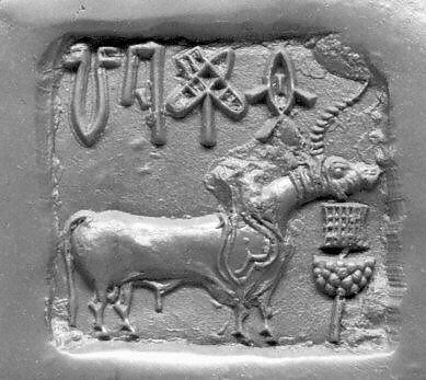 Stamp seal: buffalo with incense burner (?), Steatite, burnt, glazed, Indus