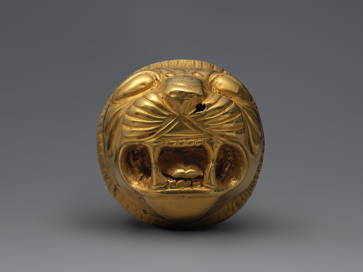 Lion head mounted on a modern whetstone, Gold, Achaemenid