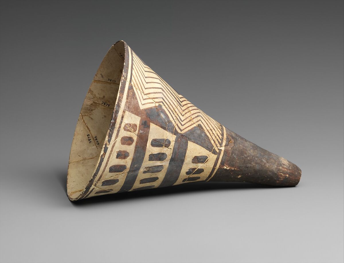 Cone-shaped vase with geometric decoration, Ceramic, paint, Iran 